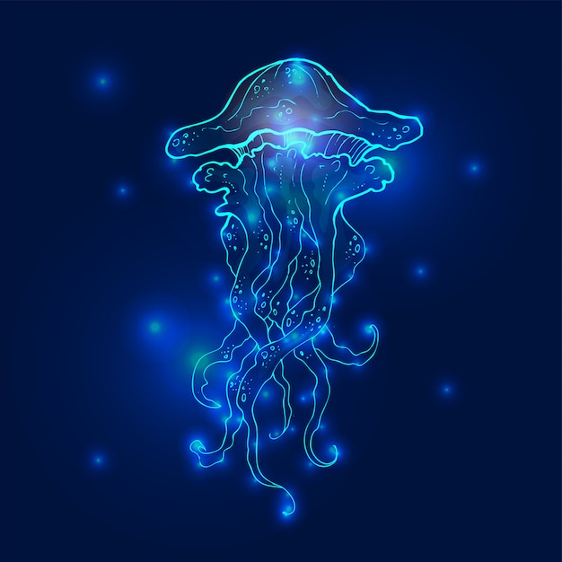 Transparente leuchtende medusenquallen in neonblau und türkis