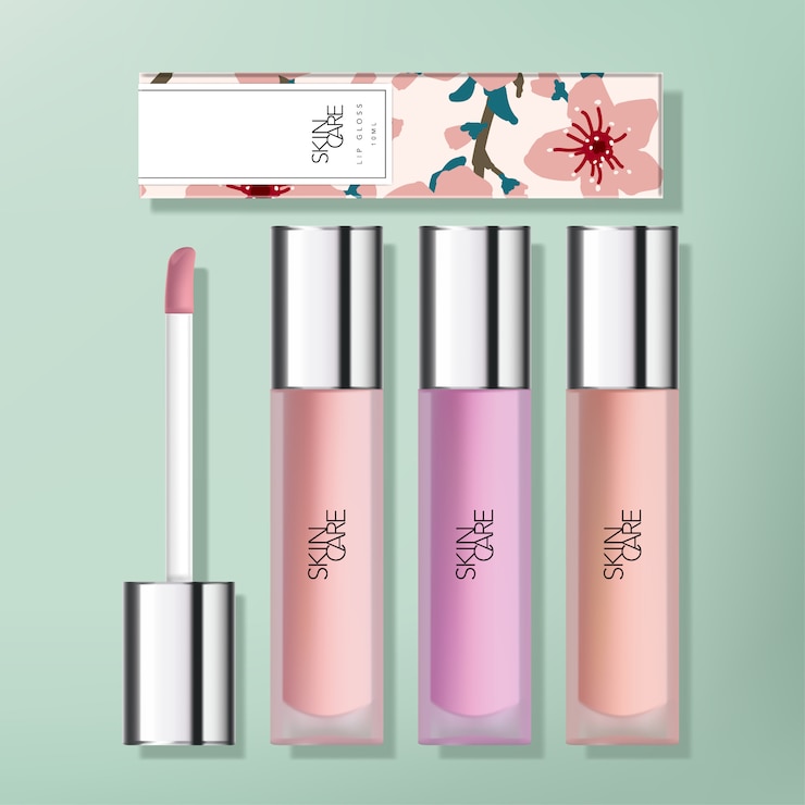 Vektor transparente lipgloss-verpackung aus gefrorenem kunststoff mit glänzend versilberter applikatorkappe. sakura bedruckte kartonschachtel.
