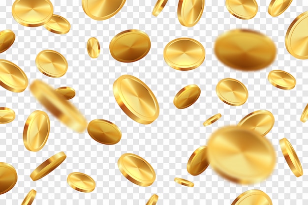Transparenter Hintergrund der goldenen Münzen. 3D Geld fallen Casino Jackpot Spiel Schätze