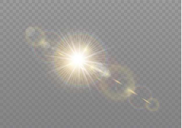transparentes Sonnenlicht Spezialobjektiv Blitzlichteffekt.front Sonnenlinsenblitz. Unschärfe im Licht der Ausstrahlung. Element der Einrichtung. Horizontale Sternstrahlen und Suchscheinwerfer.