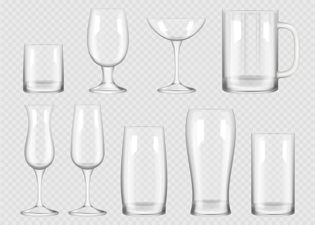 Transparentes Trinkglas. Tasse für alkoholische Getränke Kristall leeres Glas realistische Sammlung