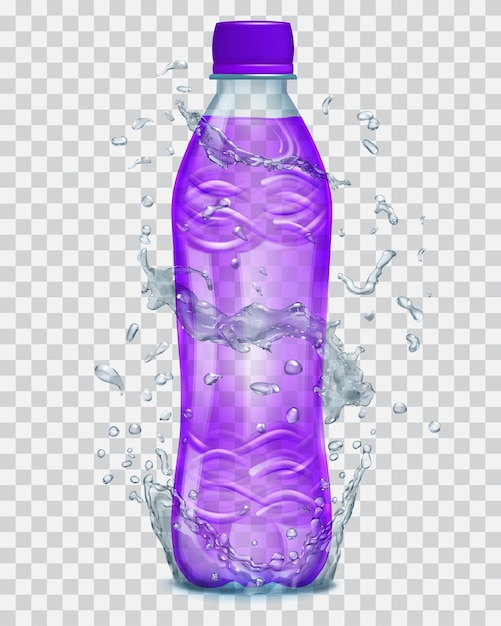 Vektor transparentes wasser spritzt in grauen farben um eine transparente plastikflasche mit violetter flüssigkeit