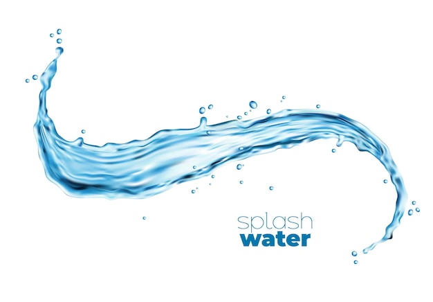 Transparentes Wasserwellenspritzen und -fließen mit Tropfen und Blasen Isolierter Vektor blaue Flüssigkeit sauberes Aqua oder klarer Trinkwasserstrom Realistischer 3D-Wasserfluss mit gewellter Oberfläche und Tröpfchen