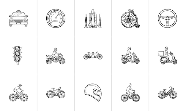 Transport handgezeichnete umriss doodle icon-set. umriss-doodle-icon-set für print, web, mobile und infografiken. fahrräder, motorräder vektor-skizzen-illustrationssatz isoliert auf weißem hintergrund.