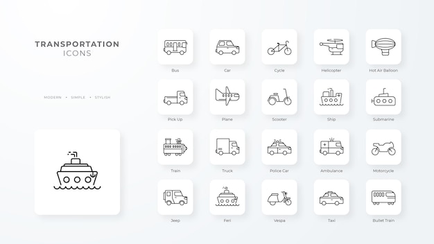 Transport-icon-pack-sammlung mit schwarzem umriss-stil fahrzeugsymbol transportlinie umriss station reise automobil editierbares piktogramm isolierte flache vektor-illustration