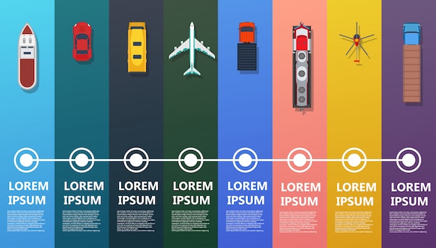 Transport infografik draufsicht. flacher bus, schiff, lkw, zug, flugzeug, hubschrauber, auto.