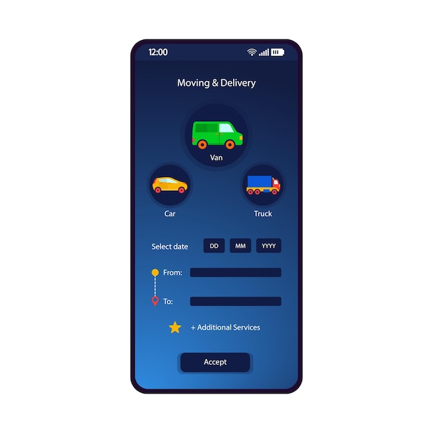 Transportbuchung Smartphone-Schnittstelle Vektorvorlage Mobile App-Seite blaues Design-Layout Fahrzeug bewegt Lieferung Tracker-Bildschirm Flache Benutzeroberfläche für die Anwendung Online-Auto-Van-LKW-Vermietung Telefonanzeige