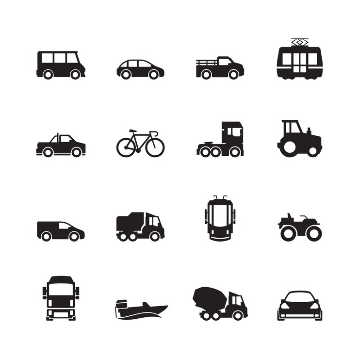 Vektor transportpiktogramm. auto schiff u-bahn zug yacht straßensymbole lkw seitenansicht transport silhouette icon sammlung