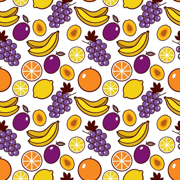 Trauben, bananen, zitronen, orangen, pflaumen. nahtloses vektormuster mit früchten. design von textilien, kleidungshüllen, geschenkpapier