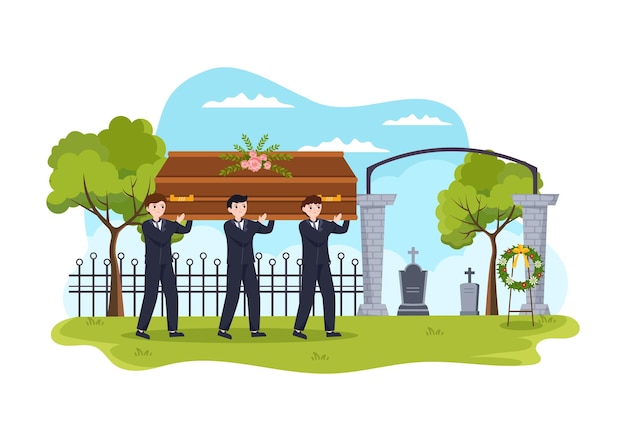 Trauerfeier im Grab trauriger Menschen in schwarzer Kleidung, die in flacher Illustration stehen