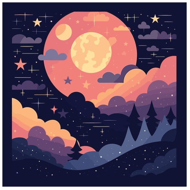 Traumhafte nacht mit einem himmel voller sterne illustration