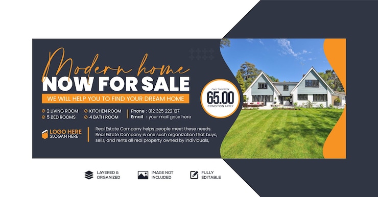 Vektor traumhaus zum verkauf immobilien social-media-banner facebook-cover-template-design premium-vektor
