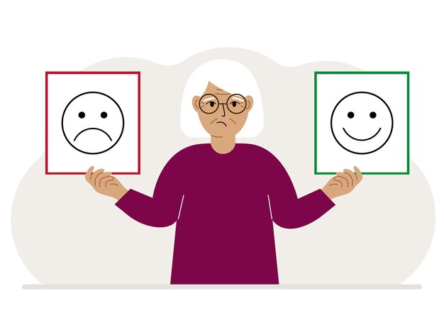 Vektor traurige frau hält eine karte mit einem traurigen emoji in der einen und einem lächelnden emoji in der anderen hand das konzept der emotionsmasken oder psychologischen hilfe