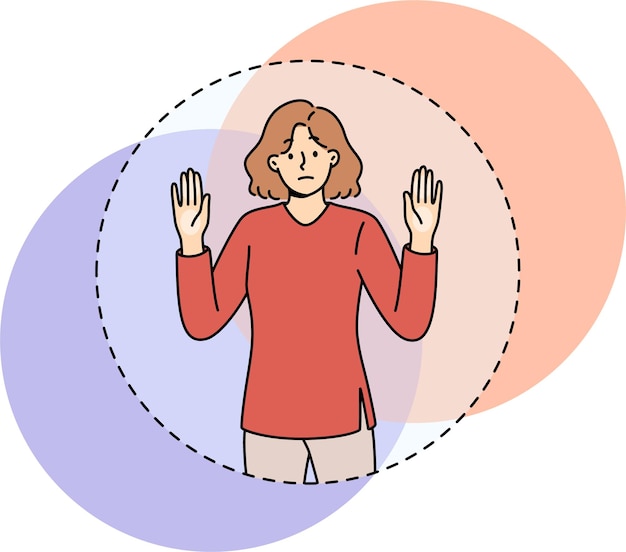 Traurige Frau kann nicht aus dem durchsichtigen Kreis kommen, der die Komfortzone symbolisiert, und steht mit erhobenen Händen
