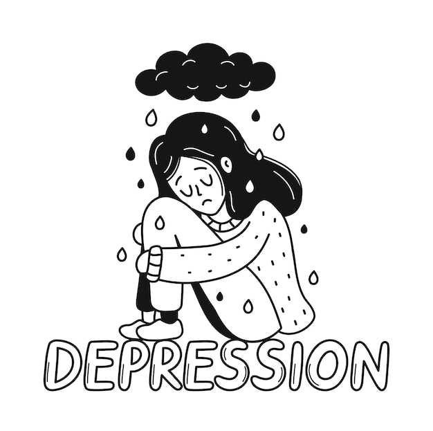 Vektor traurige, unglückliche depressive junge frau, die auf depressionszitat sitzt. psychologie, schlechte laune, stresskonzept. vektor-cartoon-doodle handgezeichnete charakter illustration symbol. isoliert auf weißem hintergrund