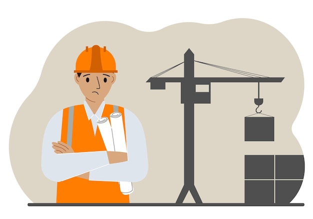 Trauriger Ingenieur in der Nähe des Baukrans Erbauer, der Blaupausen in der Nähe von Baumaschinen hält