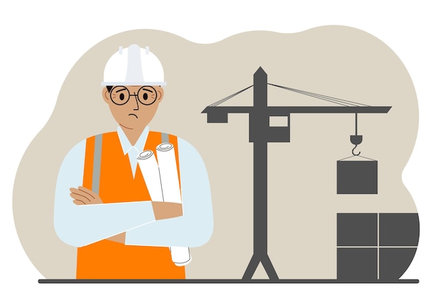 Trauriger Ingenieur in der Nähe des Baukrans Erbauer, der Blaupausen in der Nähe von Baumaschinen hält