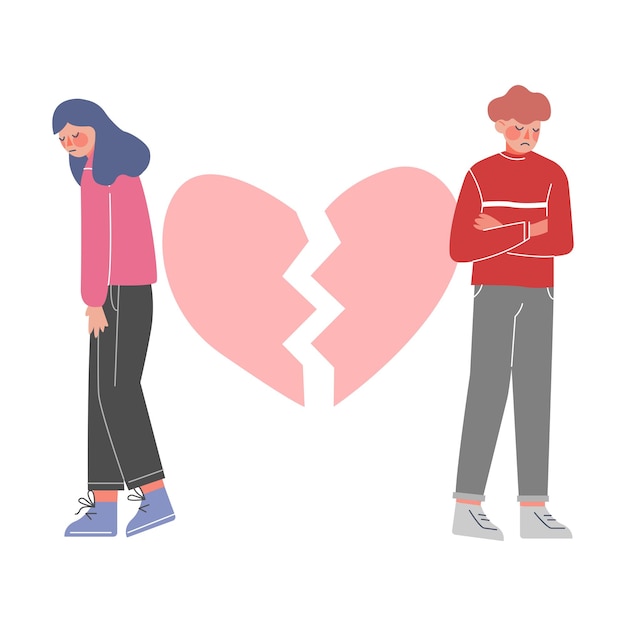 Trauriger junger Mann und Frau mit gebrochenem Herz Trennung Scheidung unerwiderte Liebe Vektor Illustration
