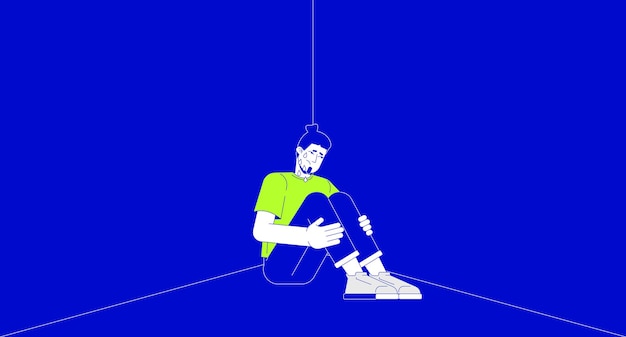 Trauriger kaukasischer Mann weint, während er in einer dunklen Ecke sitzt 2D-Linearillustrationskonzept