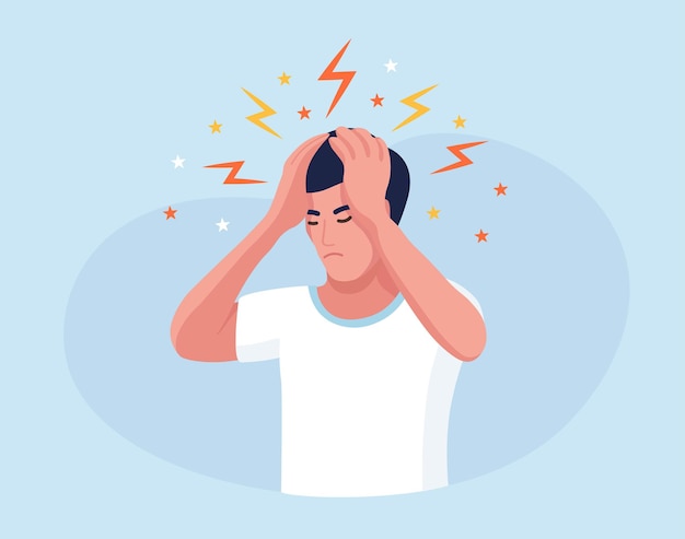 Trauriger Mann mit starken Kopfschmerzen, müde und erschöpfte Person, die den Kopf in den Händen hält. Migräne, chronische Müdigkeit und nervöse Anspannung, Depression, Stress oder Grippesymptome