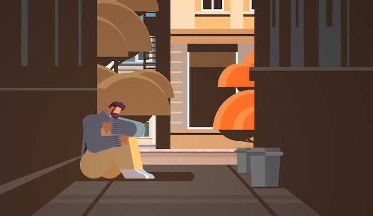 Vektor trauriger unglücklicher mann depressiver kerl, der auf der straße in der nähe des gebäudes sitzt einsamkeit depressive störung problem psychische erkrankungen konzept stadtbild hintergrund horizontale vektorillustration in voller länge