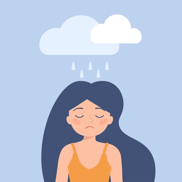 Trauriges, depressives Mädchen mit einer Regenwolke über dem Kopf