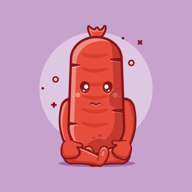 Trauriges wurst-essen-charakter-maskottchen mit sitzender pose, isolierter cartoon im flachen design