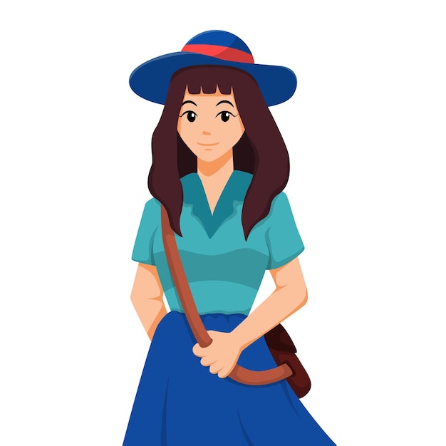 Traveler girl character illustration mit tasche und hut