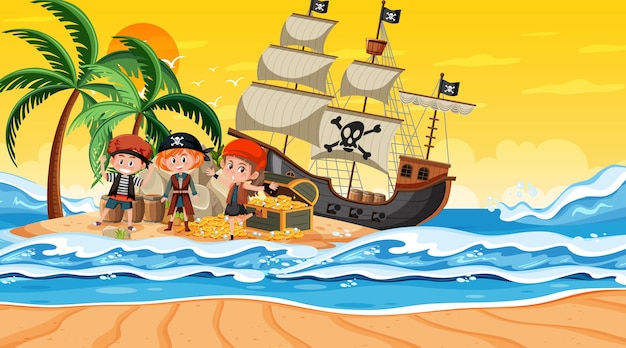 Treasure island-szene bei sonnenuntergang mit piratenkindern