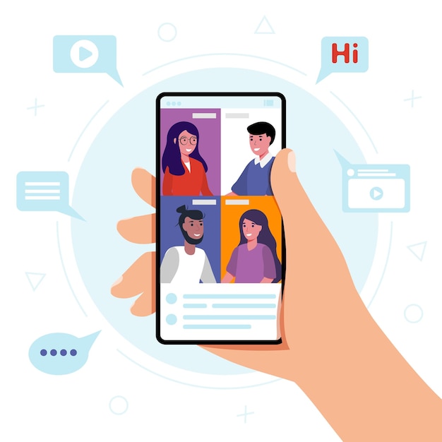 Vektor treffen mit einem unternehmen per videokonferenz auf dem mobiltelefon digitale technologie kommunikationskonzept