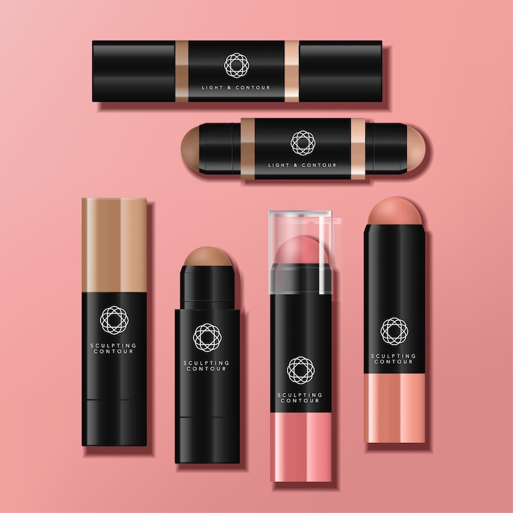 Vektor trend dual ended contour, textmarker, farbbalsam oder blush pen-verpackungsset in schwarz