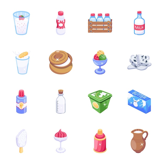 Vektor trendige 2d-icons von milchprodukten und getränken