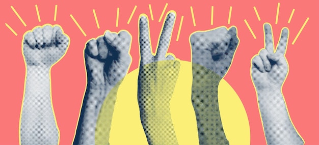 Trendige Collage mit Handgesten-Ausschnittformen Symbol gewinnen wie Punk Grunge-Halbton-Retro-Banner-Plakatdesign Konzept der Protestkonfrontation Kampf Streik Sieg Vektorillustration-Illustration
