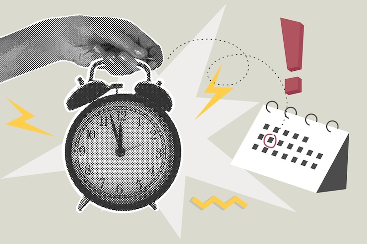Vektor trendige halftone-collage eine hand hält einen klingelnden wecker erinnerung am kalender vektorgeschäft