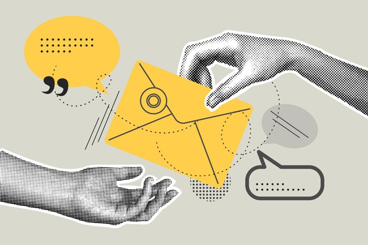 Vektor trendige handgezeichnete halftone-collage eines geschäftskonzeptsillustration einer e-mail-marketing-mailingliste