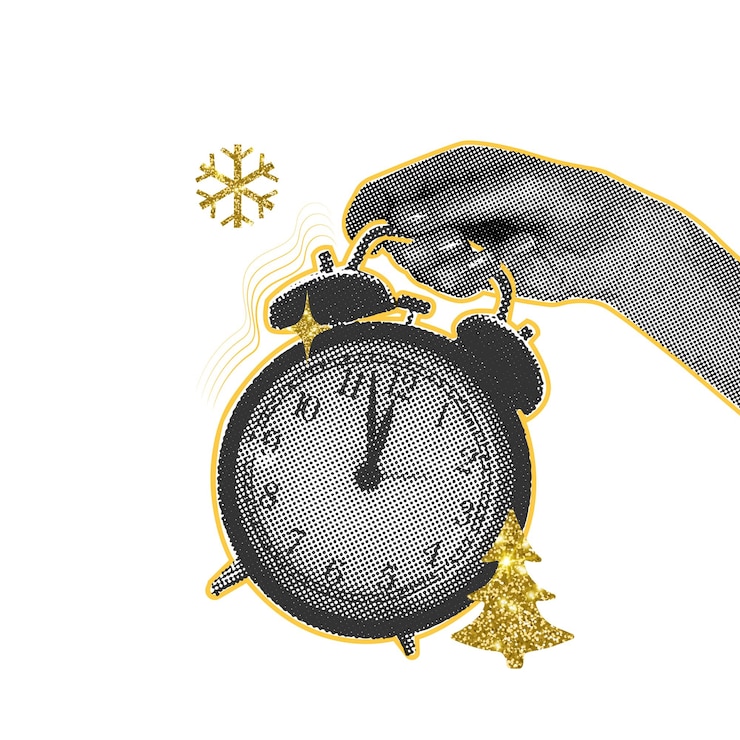 Vektor trendige isolierte weihnachts-halfton-collage wecker in der hand zeigt 5 minuten bis zum neuen jahr