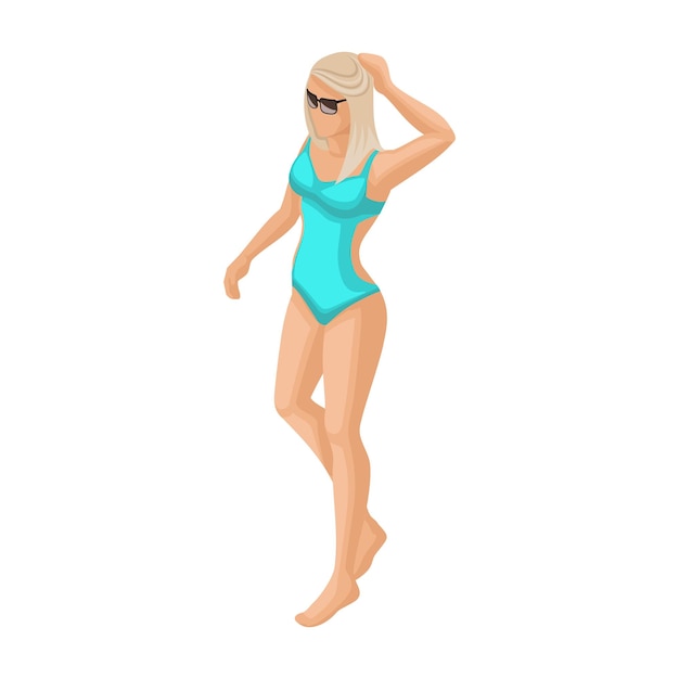 Trendige isometrische Menschen 3D sexy Mädchen im Badeanzug, die am Strand spazieren gehen