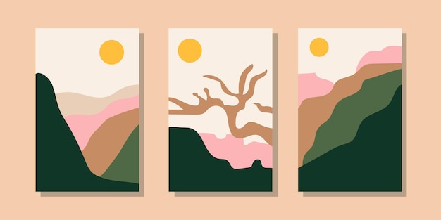 Trendige minimalistische abstrakte landschaftsillustrationen. set von handgezeichneten zeitgenössischen künstlerischen postern.