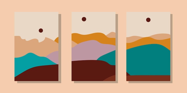 Trendige minimalistische abstrakte Landschaftsillustrationen. Set von handgezeichneten zeitgenössischen künstlerischen Postern.