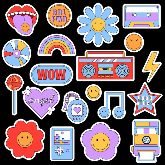 Trendige Retro-Aufkleber mit lächelnden Gesichtern und Patches mit Elementen der 90er Jahre isoliert auf schwarzem Hintergrund.