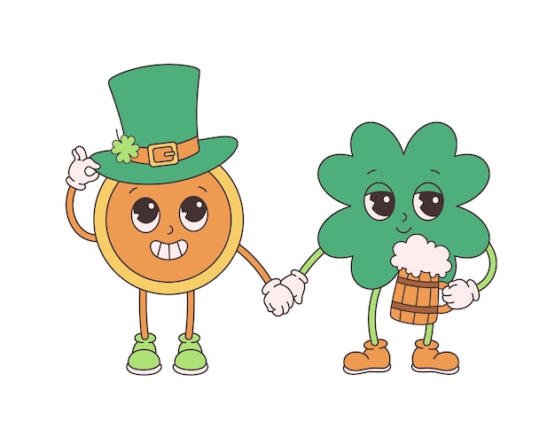 Trendige retro-cartoon-figur goldmünze und kleeblatt mit vier blättern. alles gute zum st. patricks day. groovig