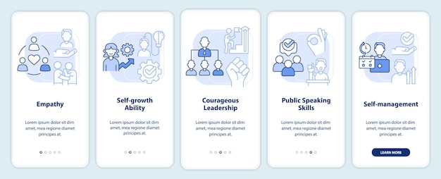 Trendige soft skills hellblauer onboarding-bildschirm für mobile apps