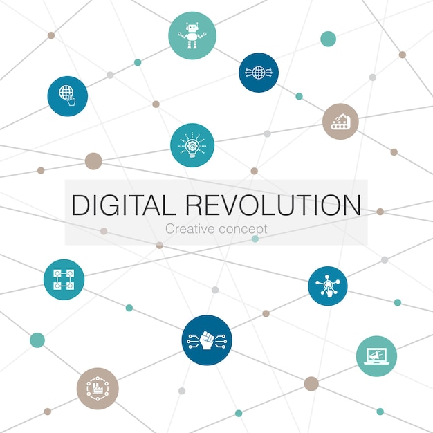 Vektor trendige webvorlage der digitalen revolution mit einfachen symbolen. enthält elemente wie internet, blockchain, innovation, industrie 4.0