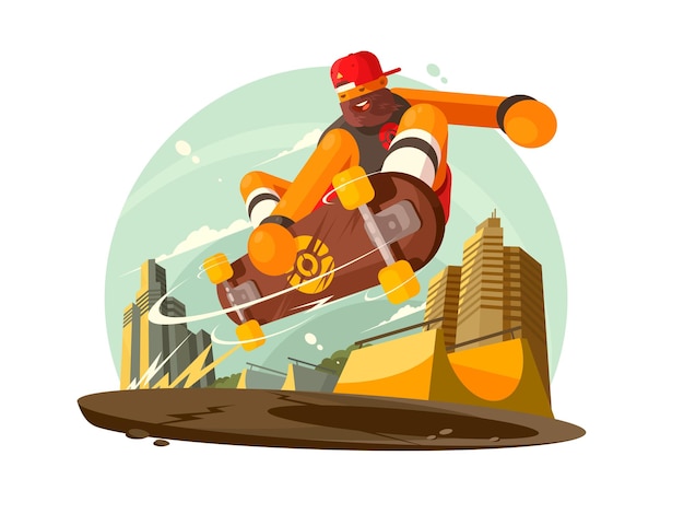 Trendiger typ, der skateboard in der stadt reitet. flache illustration