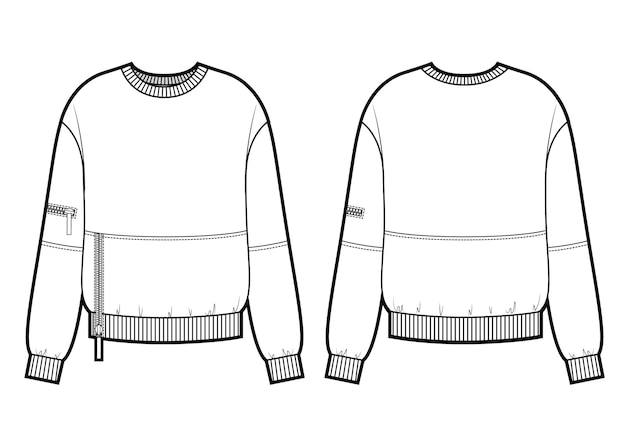Vektor trendiges damen sweatshirt mit reißverschlüssen. vektor-sweatshirt-vorlage. vorder- und rückansicht