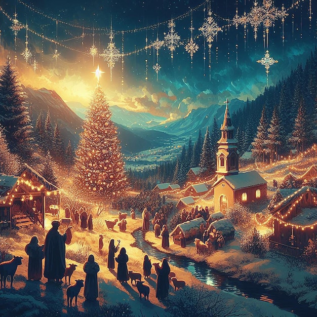 Trendiges festliches weihnachtsweihnachtschristliches jesus-baum-szenen-vektorillustrations-tapetenbild