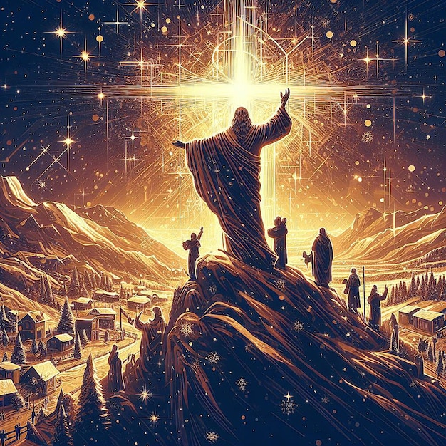 Vektor trendiges festliches weihnachtsweihnachtschristliches jesus-baum-szenen-vektorillustrations-tapetenbild