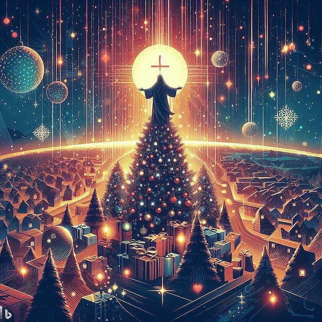 Vektor trendiges festliches weihnachtsweihnachtschristliches jesus-baum-szenen-vektorillustrations-tapetenbild