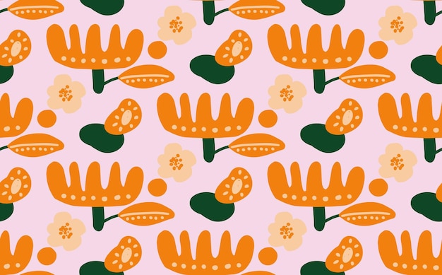 Trendiges, nahtloses, sich wiederholendes Muster mit handgezeichneten Blumenpunkten und verschiedenen Formen auf rosa Hintergrund Hintergrund für die Abdeckung, Tapete, Stoff, Kleidung, Hülle, Textilkarten, Textil