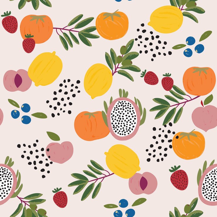Trendy bunt von Sommerfrüchten gemischte Früchte DrachenfrüchteZitronenbeerenOrange Erdbeere Pfirsich in Pinselstrichen Stil nahtlose Muster Vektor Modedesign Stofftapete und alle Drucke